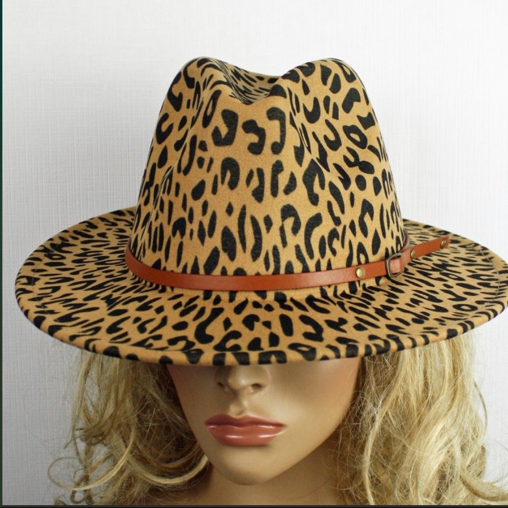 Leopard Print Felt Wool Belted Panama Hat